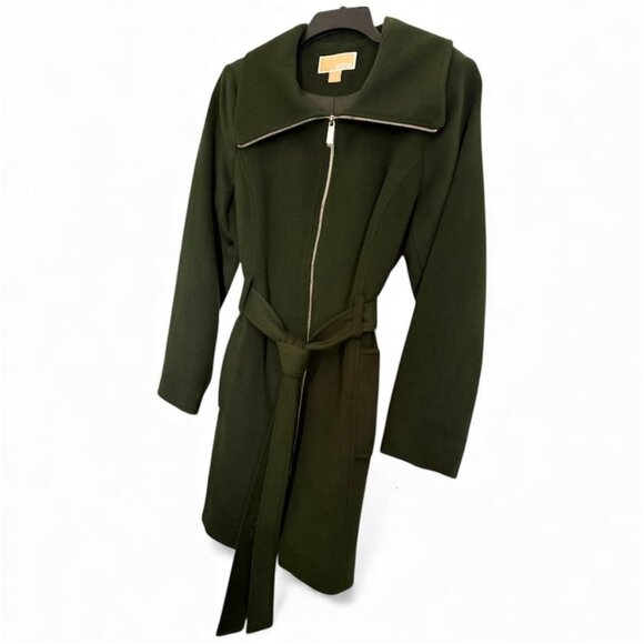 Michael Kors Womens Green Full Zip Belted Wool Blend Mid Length Coat Sz XL New - Picture 4 of 10